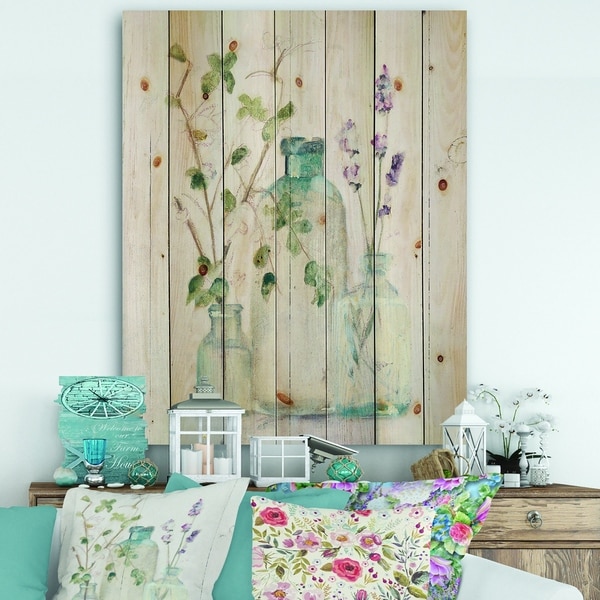 Designart 'Blossoms on Birch Cottage Bouquet IV' Farmhouse Print on Natural Pine Wood - Blue/Purple