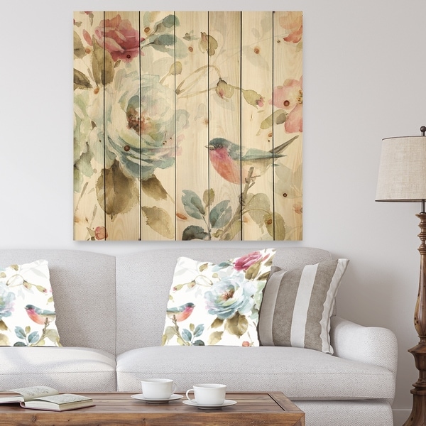 Designart 'Beautiful Bird Romance I' Traditional Print on Natural Pine Wood - Multi-color