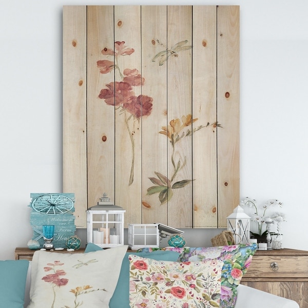Designart 'Wild Simple Wallflowers II' Farmhouse Print on Natural Pine Wood - Pink