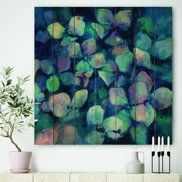 Designart 'Abstract Blue Flower Petals' Traditional Print on Natural Pine Wood - Purple