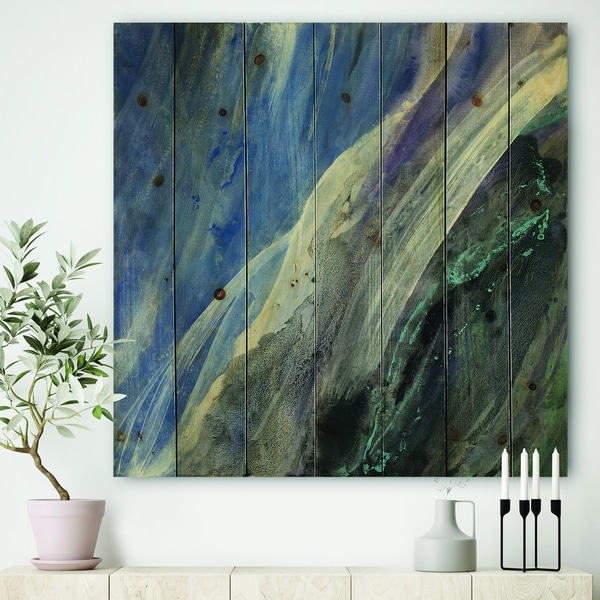 Designart 'Black And Blue Abstract Water Painting' Contemporary Print on Natural Pine Wood - Grey
