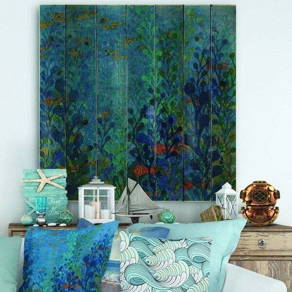 Designart 'Blue Underwater Lake leaves I' Nautical & Coastal Print on Natural Pine Wood - Blue/Green