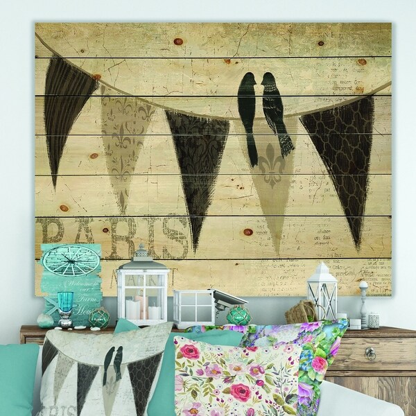 Designart 'French Bird Flea Market IV' French Country Print on Natural Pine Wood - Black
