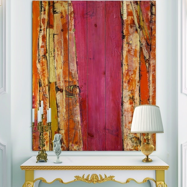 Designart 'Glamorous Composition of Red and Gold' Mid-Century Modern Print on Natural Pine Wood - Pink