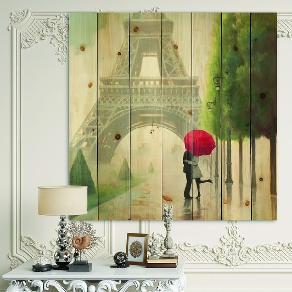 Designart 'Paris Romance Couples III' French Country Print on Natural Pine Wood - Grey/Green
