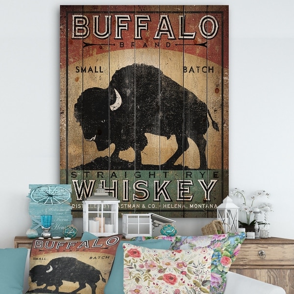 Designart 'Vintage Buffalo Whiskey' Wildlife Print on Natural Pine Wood - Black