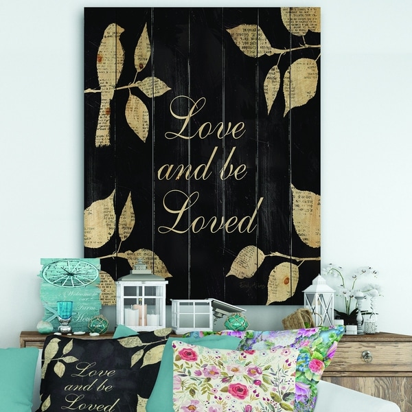 Designart 'Love and Be Loved Cottage Collage' Lake House Print on Natural Pine Wood - Black