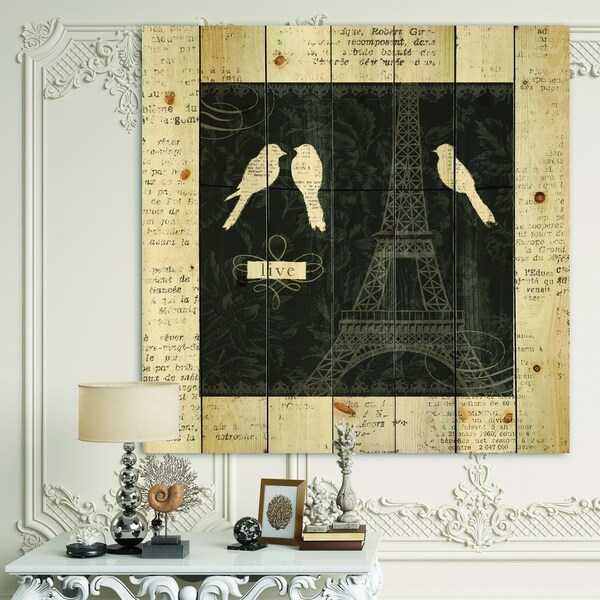 Designart 'Paris Vintage Collage II' French Country Print on Natural Pine Wood - Black