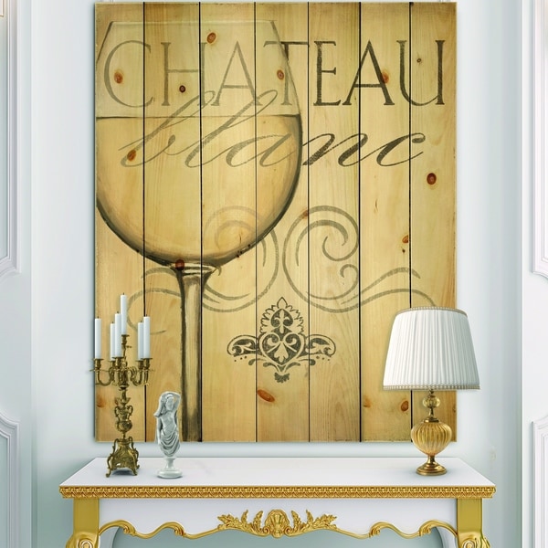 Designart 'French Chateau White Wine II' Food and Beverage Print on Natural Pine Wood - Grey