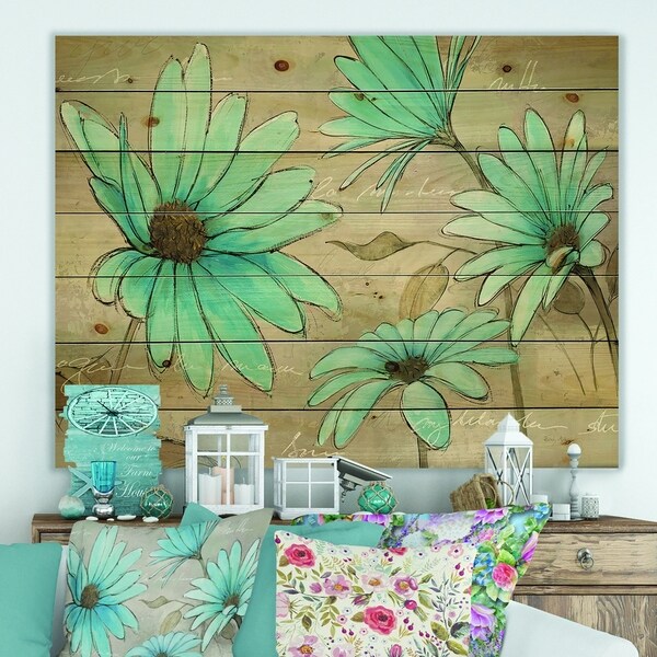 Designart 'Indigo Leucanthemum Cottage Flower' Traditional Print on Natural Pine Wood - Grey/Blue