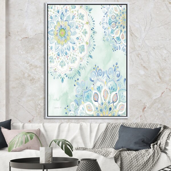 Designart 'Watercolor mandalas III' Floral & Botanical Framed Canvas - Blue/Green