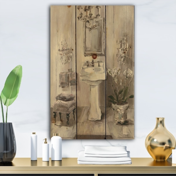 Designart 'French Bathroom Vintage II' Traditional Bathroom Print on Natural Pine Wood - Grey