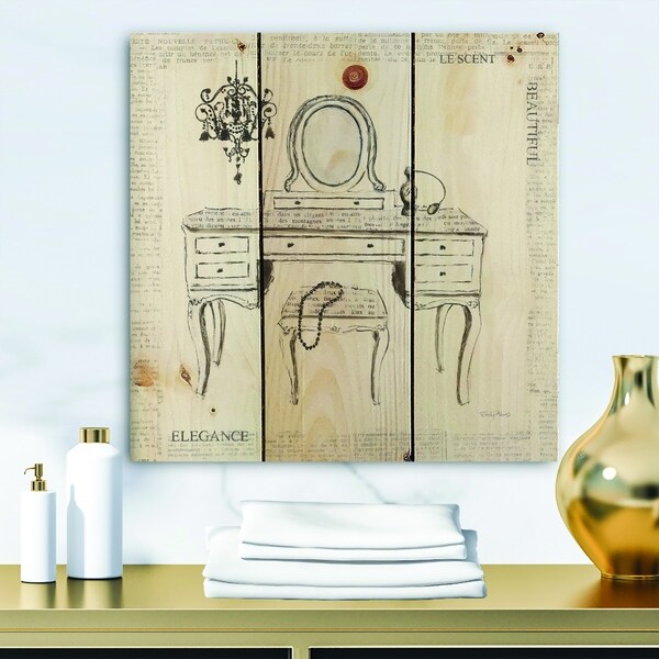 Designart 'Paris Hotel Bathroom IV' Traditional Bathroom Print on Natural Pine Wood - Grey