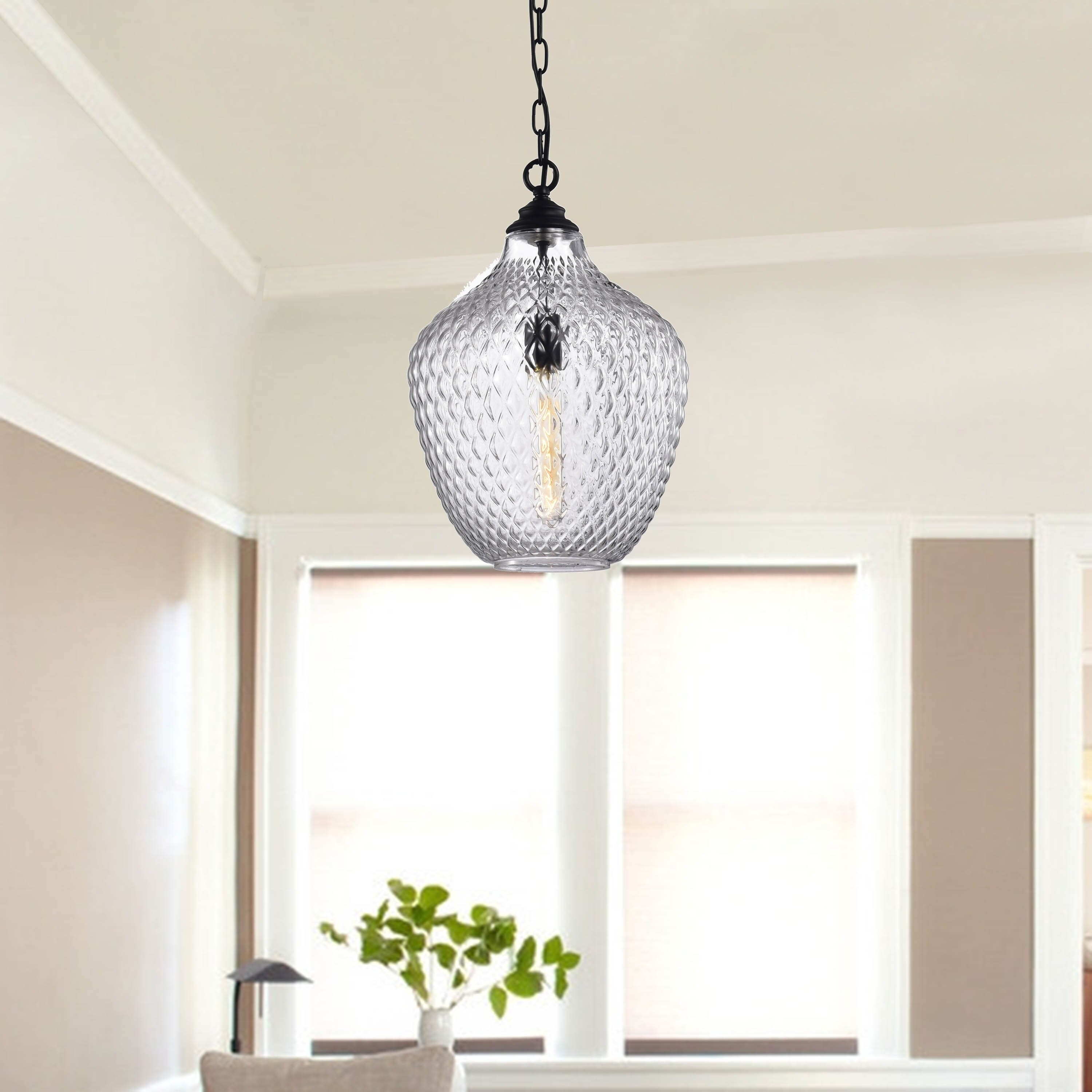 Belinda Black Finish Single Light 11" Clear Glass Pendant Chandelier - Chandeliers For Bedrooms by Overstock.com