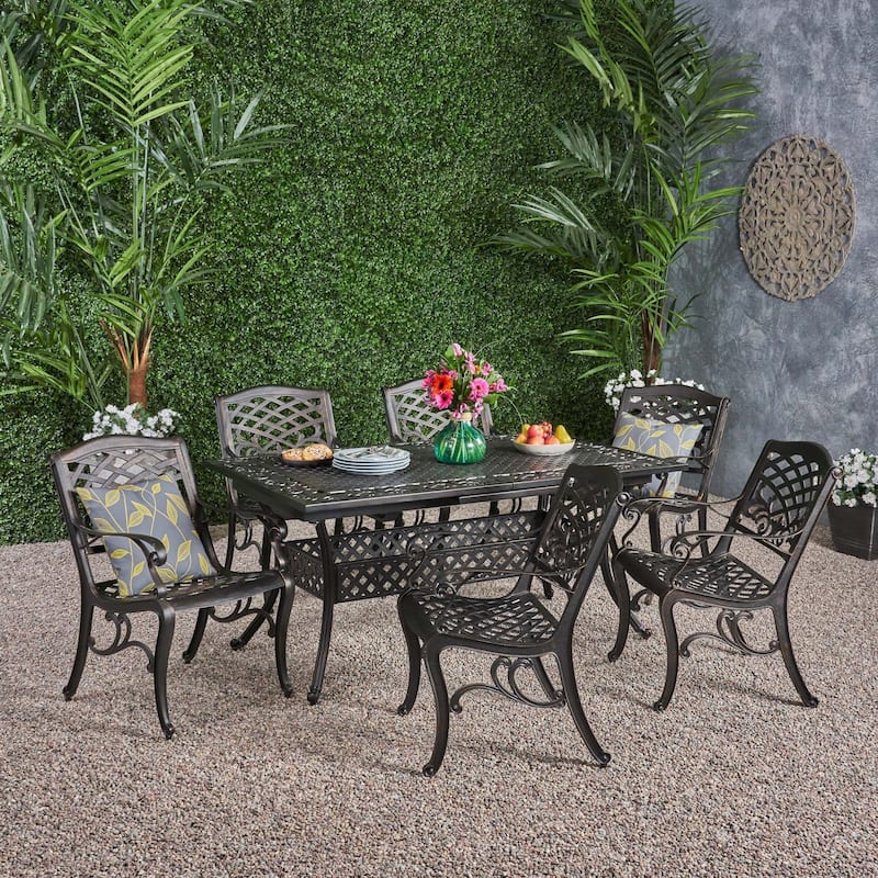 Phoenix Outdoor 6-Seater Cast Aluminum Dining Set with Expandable Table by Christopher Knight Home - shiny copper