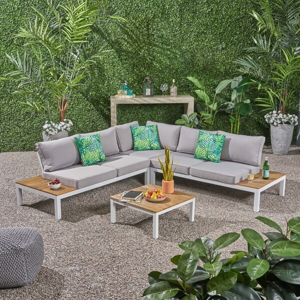 Eldon Outdoor V-Shaped Aluminum and Wood Sofa Set by Christopher Knight Home