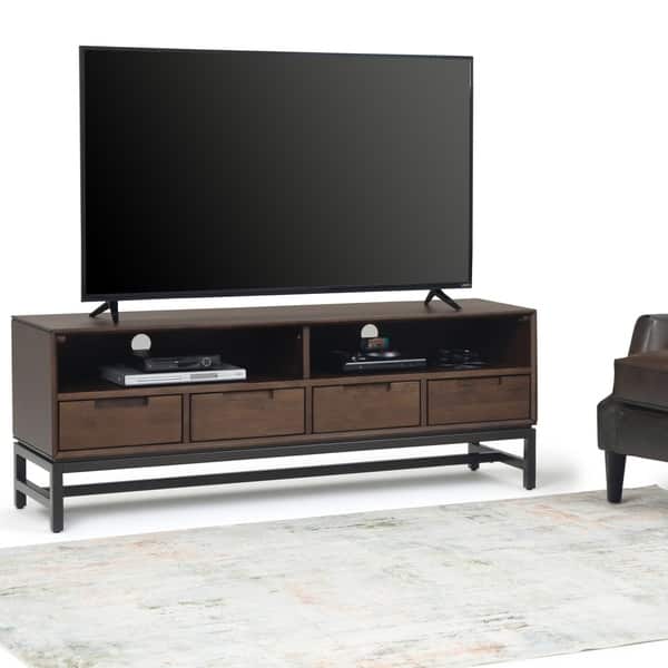 slide 2 of 12, WYNDENHALL Devlin Solid Hardwood 60 inch Wide Modern Industrial TV Media Stand in Walnut Brown For TVs up to 65 inches Walnut Brown
