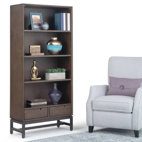 slide 2 of 24, WYNDENHALL Devlin SOLID HARDWOOD and Metal 66x30 inch Rectangle Industrial Bookcase - 30"w x 14"d x 66" h Walnut Brown