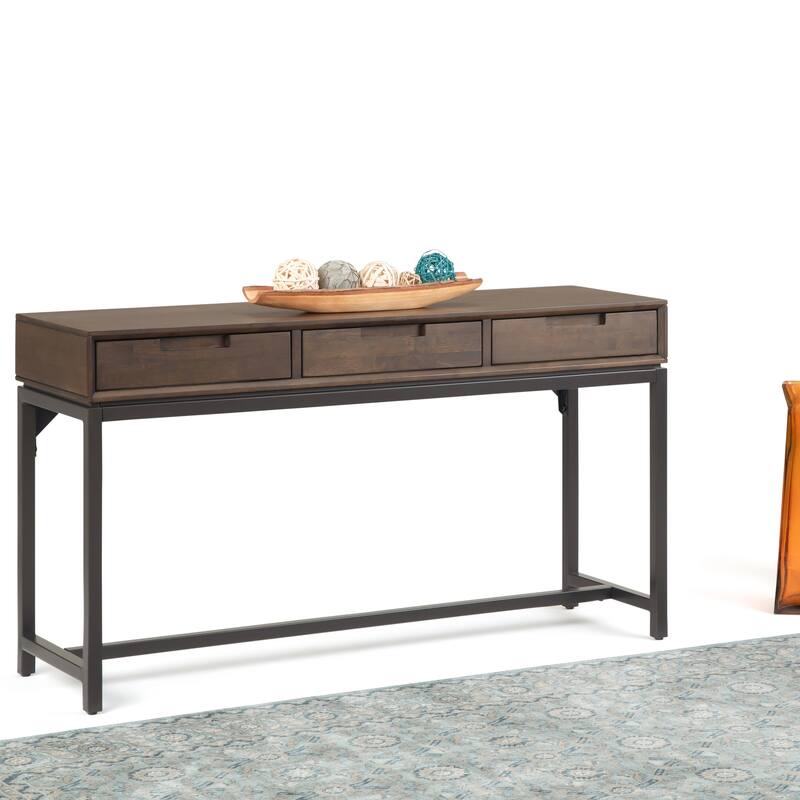 WYNDENHALL Devlin SOLID HARDWOOD and Metal 54 inch Wide Industrial Wide Console Table in Walnut Brown - 54"W x 16" D x 30" H