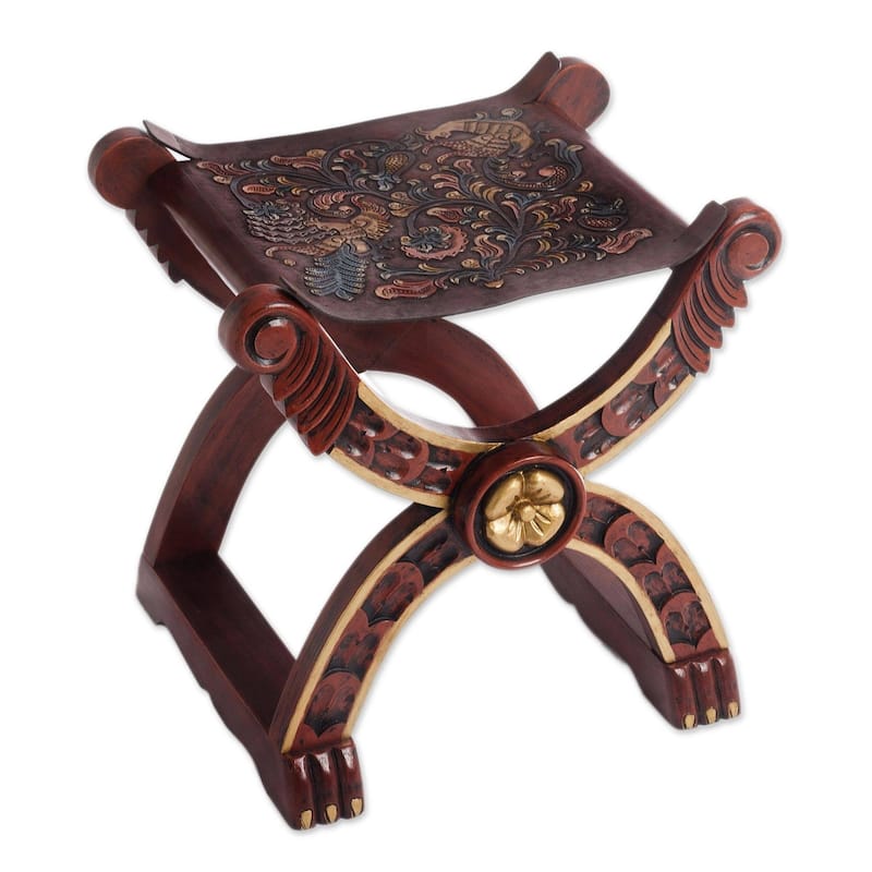 Handmade Baroque Claw Foot Leather and Wood Accent Stool (Peru)