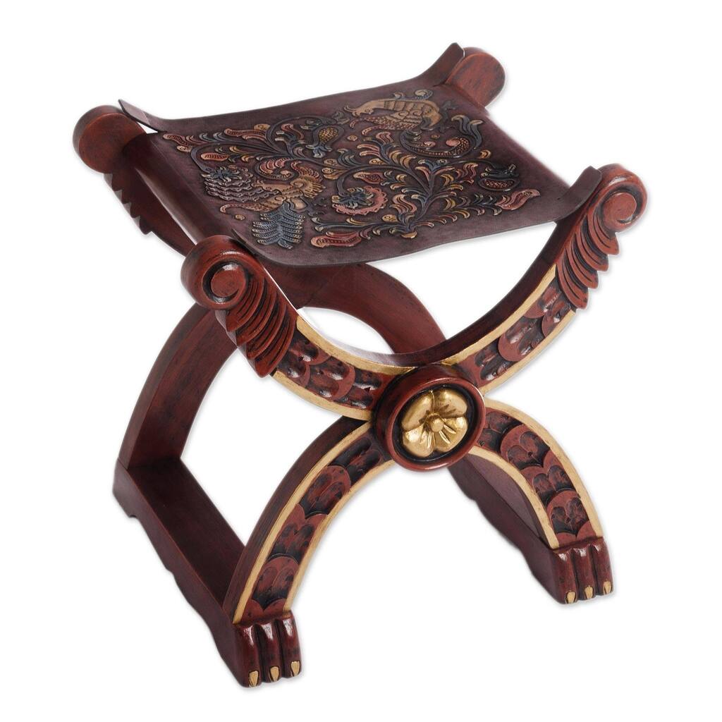 Handmade Baroque Claw Foot Leather and Wood Accent Stool (Peru)