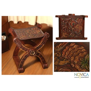 Tooled Leather Wood Stool, 'Baroque Peru' (Peru) Novica Ottomans