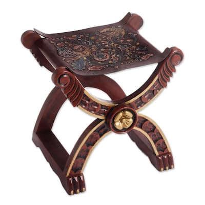 Handmade Baroque Claw Foot Leather and Wood Accent Stool (Peru)