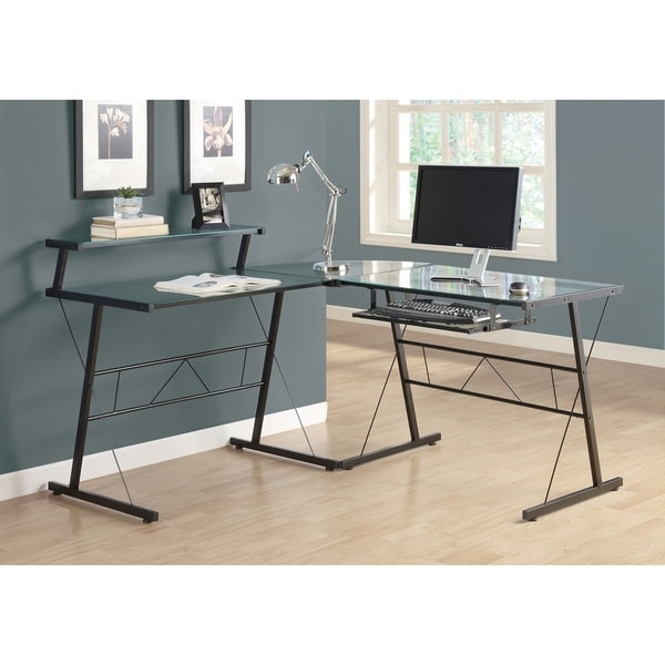 Details about   L-Shape Computer Desk with Clear Tempered Glass Top & Black Metal Frame 