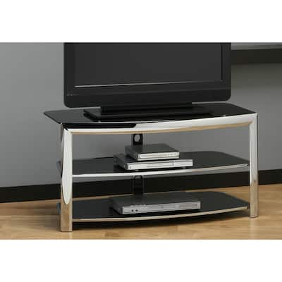 Tv Stand, 43 Inch, Console, Media Entertainment Center, Storage Shelves, Living Room, Bedroom, Metal, Tempered Glass, Chrome