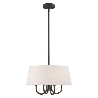 Livex Lighting Belclaire 4-Light Oatmeal Shade Pendant Chandelier - 18"Dia. x 19.5"-49.5"Adj. H (English Bronze) - Chandeliers For Bedrooms by Overstock.com