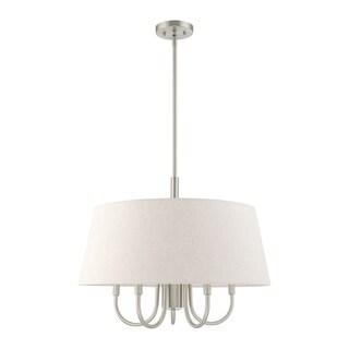 Livex Lighting Belclaire 6-Light Oatmeal Shade Pendant Chandelier - 24"Dia. x 21.5"-57.5"Adj. H (Brushed Nickel) - Chandeliers For Bedrooms by Overstock.com