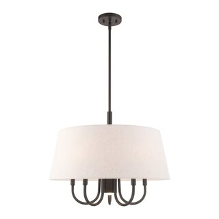 Livex Lighting Belclaire 6-Light Oatmeal Shade Pendant Chandelier - 24"Dia. x 21.5"-57.5"Adj. H (English Bronze) - Chandeliers For Bedrooms by Overstock.com