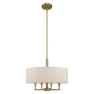 Livex Lighting Meridian 4-Light Oatmeal Drum Shade Pendant Chandelier - 18"Dia. x 22.5"-52.5"Adj. H (Antique Brass) - Chandeliers For Bedrooms by Overstock.com