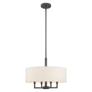 Livex Lighting Meridian 4-Light Oatmeal Drum Shade Pendant Chandelier - 18"Dia. x 22.5"-52.5"Adj. H (English Bronze) - Chandeliers For Bedrooms by Overstock.com