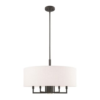 Livex Lighting Meridian 6-Light Oatmeal Drum Shade Pendant Chandelier - 24"Dia. x 24.5"-54.5"Adj. H (English Bronze) - Chandeliers For Bedrooms by Overstock.com