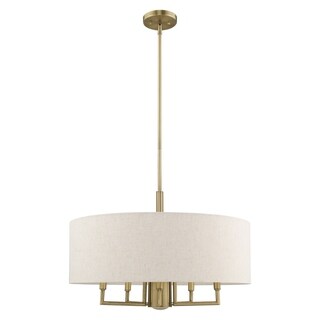 Livex Lighting Meridian 6-Light Oatmeal Drum Shade Pendant Chandelier - 24"Dia. x 24.5"-54.5"Adj. H (Antique Brass) - Chandeliers For Bedrooms by Overstock.com