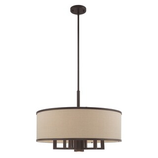 Livex Lighting Park Ridge Ash-gray Drum Shade  7-Light Pendant Chandelier - 24"Dia. x 20.25"-56"Adj. H (Bronze) - Chandeliers For Bedrooms by Overstock.com