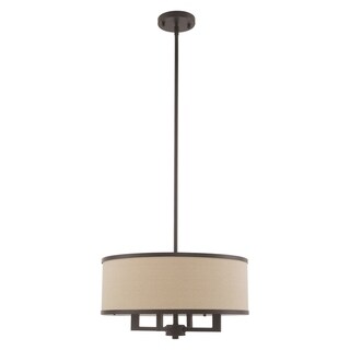 Livex Lighting Park Ridge Ash-gray Drum Shade  4-Light Pendant Chandelier - 18"Dia. x 18"-48"Adj. H (Bronze) - Chandeliers For Bedrooms by Overstock.com