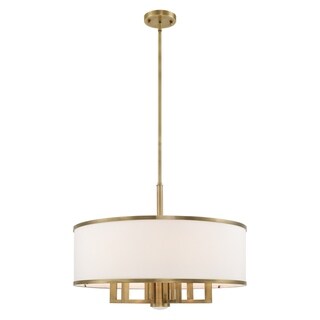 Livex Lighting Park Ridge 7-Light Pendant Chandelier - 24"Dia. x 20.25"-56"Adj. H (Antique Brass w/ Off-white Shade) - Chandeliers For Bedrooms by Overstock.com