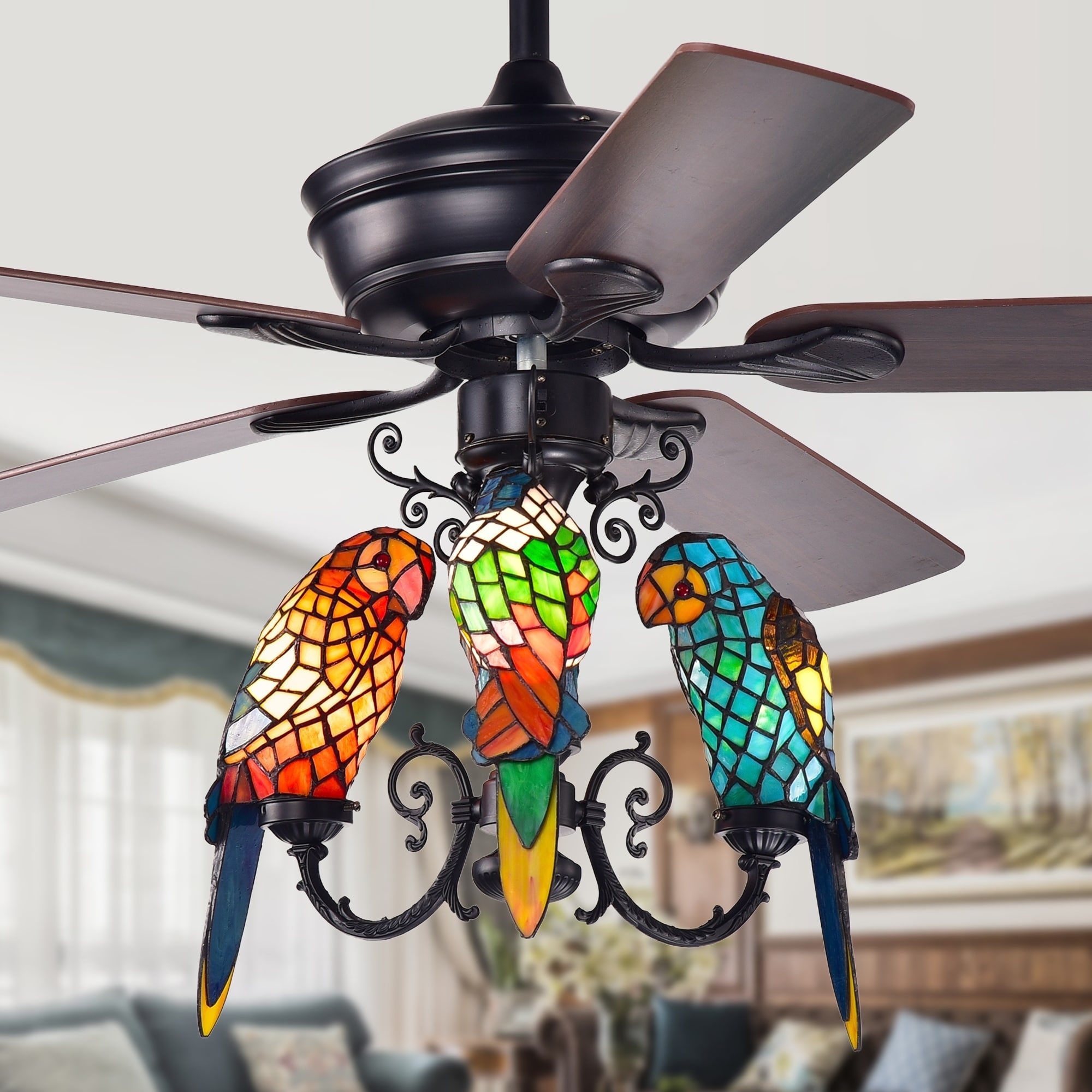 Korubo 3 Light 52 Inch Lighted Ceiling Fan Tiffany Style Parrot Shades Remote Controlled 2 Color Option Blades