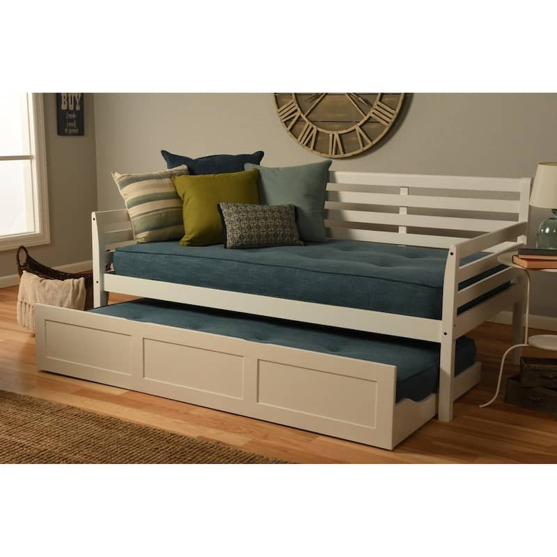Copper Grove Kutaisi Daybed with Trundle and Linen Aqua Mattresses - White