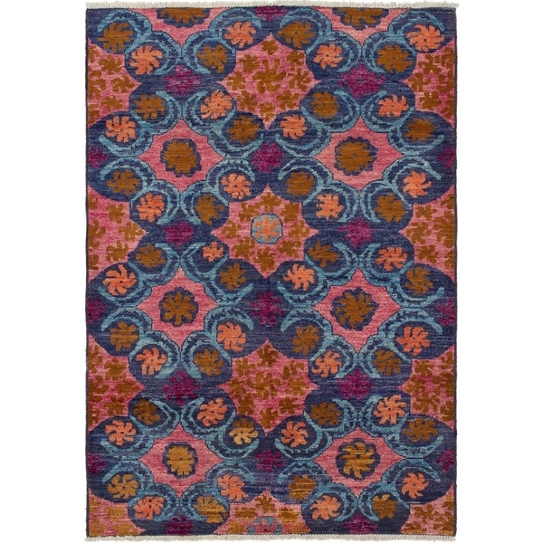 ECARPETGALLERY Hand-knotted Shalimar Navy Blue, Salmon Wool Rug - 6'1 x 9'0