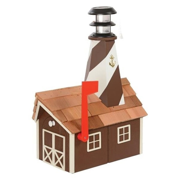 Wooden Light House Mailbox w/ Solar Powered Light - Brown and white