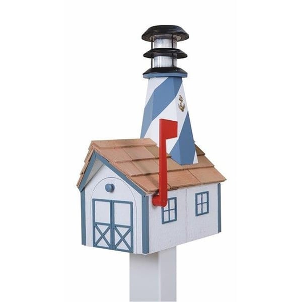 Wooden Light House Mailbox w/ Solar Powered Light - white and blue