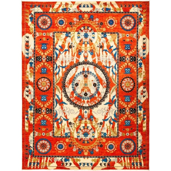 Suzani, Hand Knotted Area Rug - 9' 3" x 12' 1" - 9'3" x 12'1"