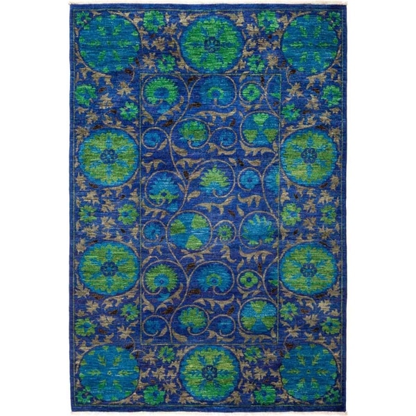 Suzani, Hand Knotted Area Rug - 5' 2" x 7' 9" - 5'2" x 7'9"