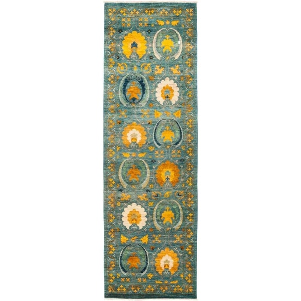 Suzani, Hand Knotted Area Rug - 3' 1" x 9' 10" - 3'1" x 9'10" Runner