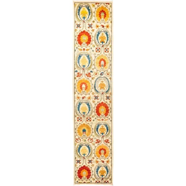Suzani, Hand Knotted Area Rug - 2' 6" x 12' 1" - 2'6" x 12'1" Runner