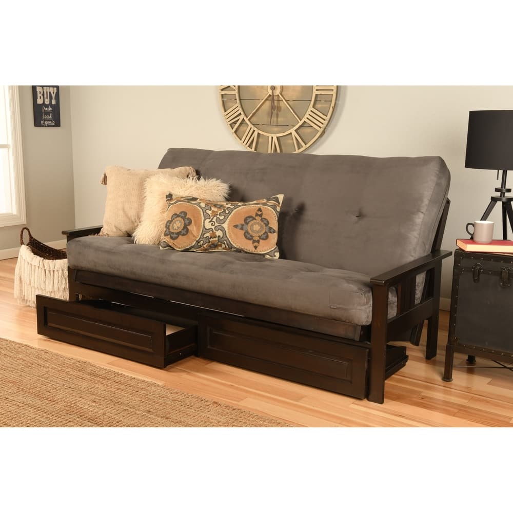 Espresso Queen-size Suede Futon Set with Storage Drawers