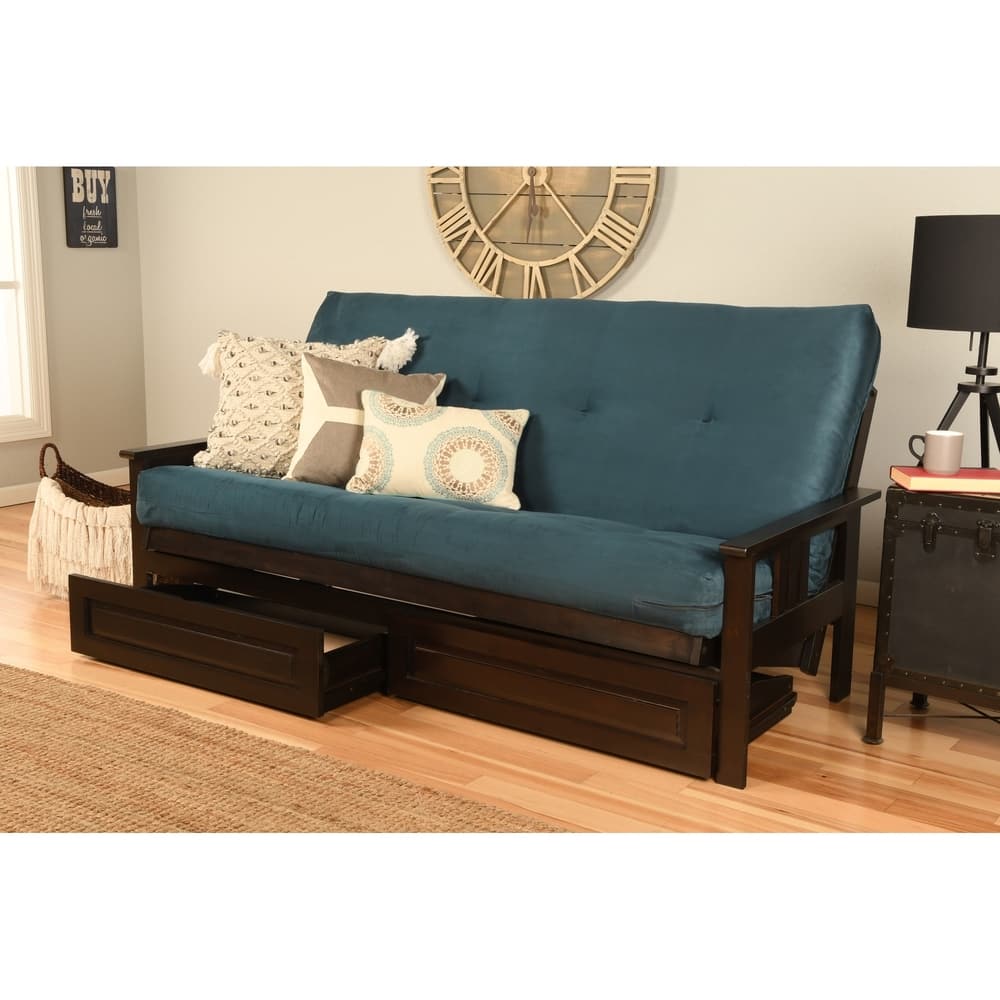 Espresso Queen-size Suede Futon Set with Storage Drawers